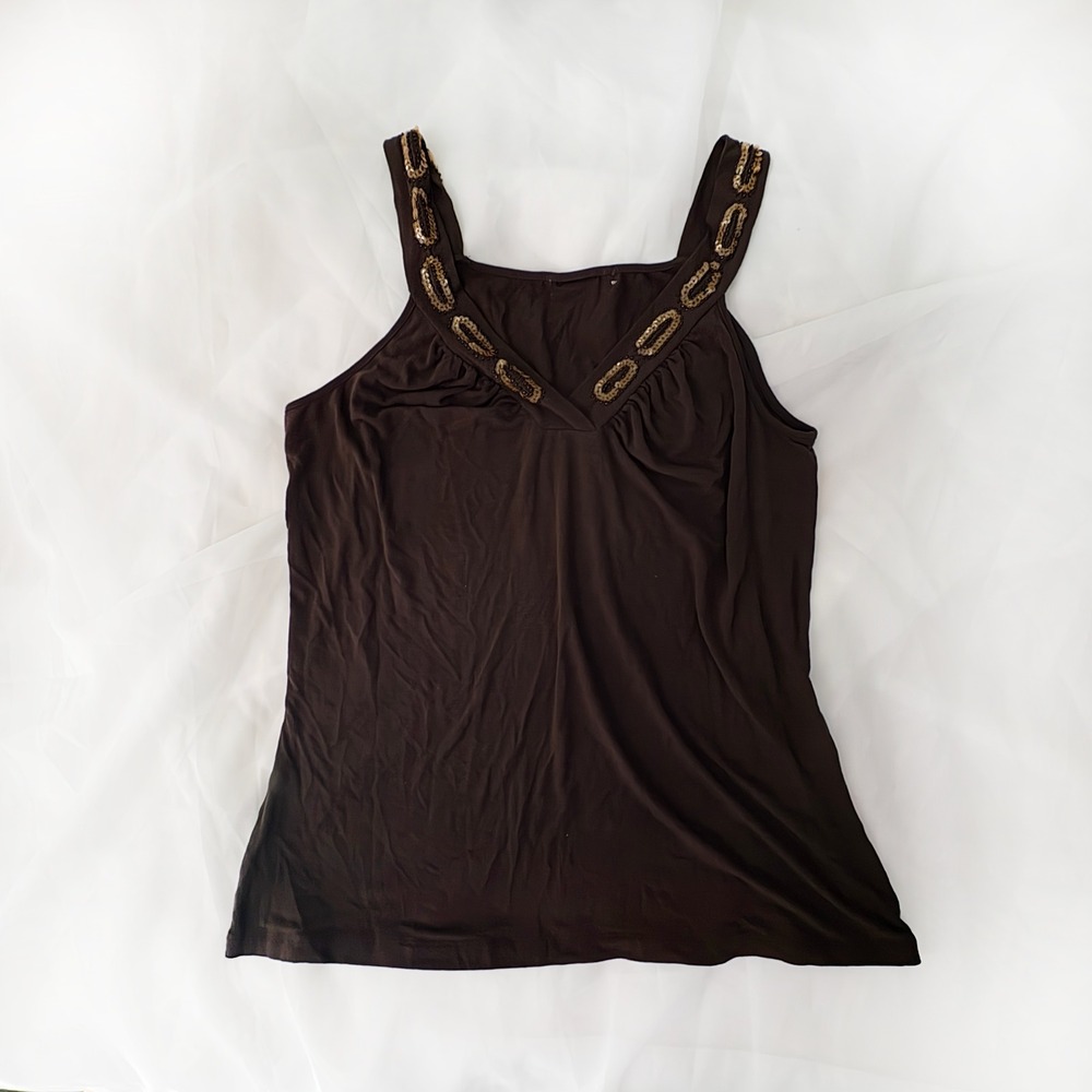 Brown Y2K Beaded Sequin Strap Fairy Tank Top Boho 2000s Size S-M